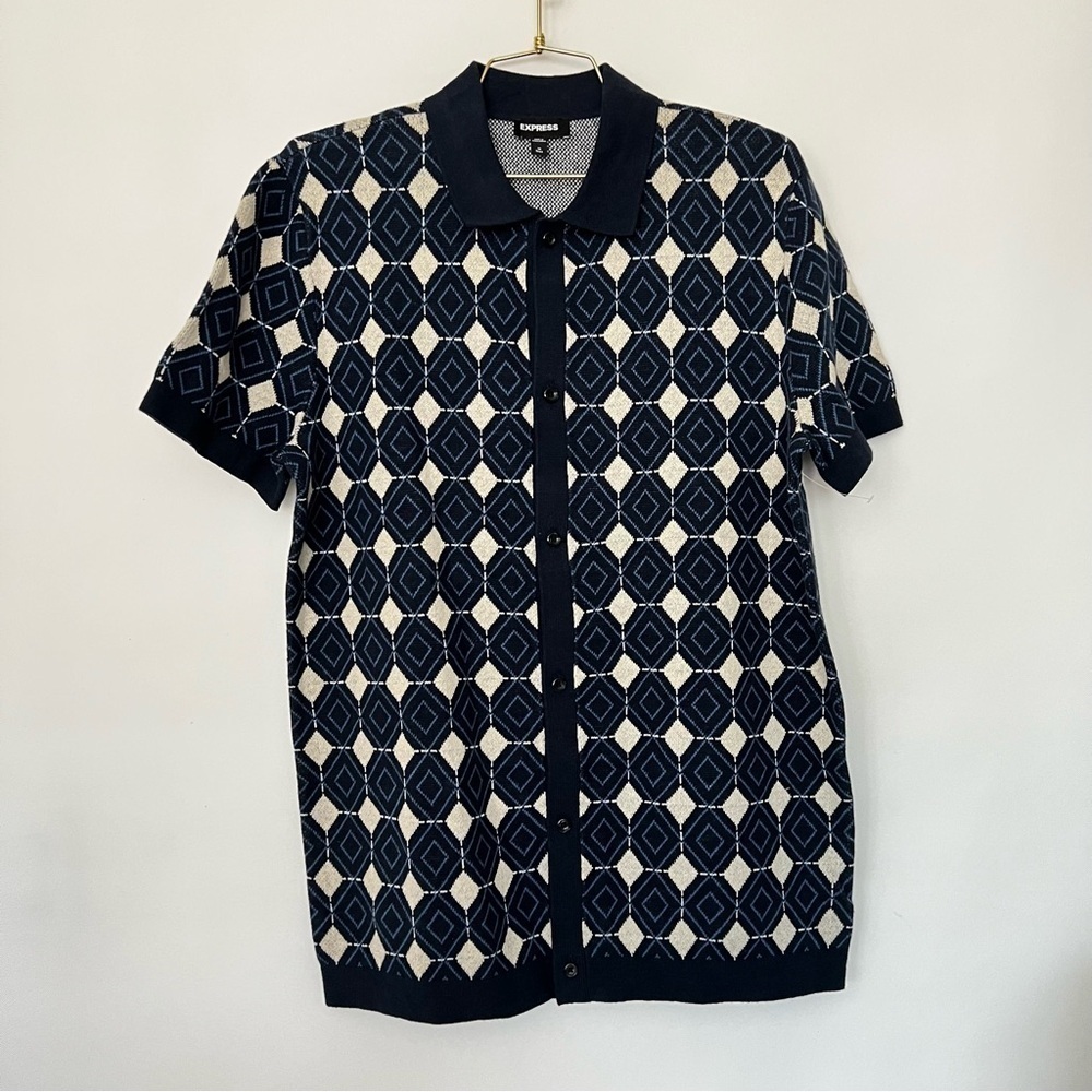 Express Diamond Geo Print Size Large Polo Sweater Blue Sport Navy Cotton